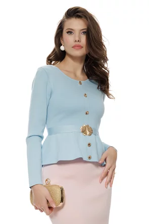 Bluza dama baby blue din vascoza premium cu peplum si accesorii aurii