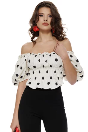 Bluză damă cloude dancer retro cu buline negre și mâneci bufante