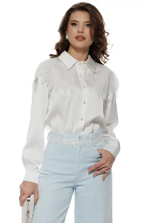 Bluza dama de ocazie alba satinata cu aplicatie spectaculoasa de margele si paiete