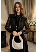 Bluză dama de ocazie Fofy din dantela neagra cu esarfa innodata din catifea
