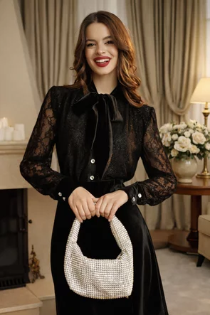Bluză dama de ocazie Fofy din dantela neagra cu esarfa innodata din catifea