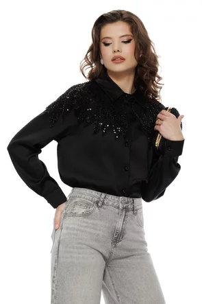 Bluza dama de ocazie neagra satinata cu aplicatie spectaculoasa de margele si paiete