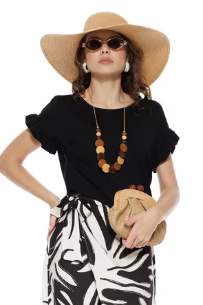 Bluza dama de vara din vascoza premium neagra cu volane si colier din lemn