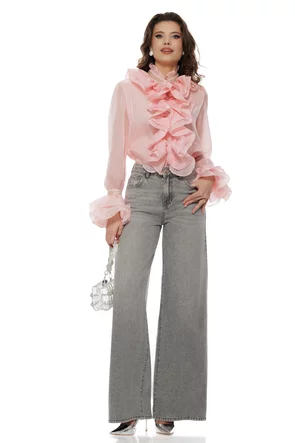 Bluza dama diafana premium din organza roz cu jabou si volane ample si margele argintii