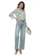 Bluza dama diafana premium din voal imprimeu floral albastru cu jabou elaborat esarfe si trandafiri