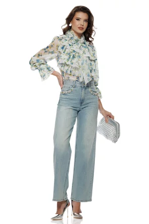 Bluza dama diafana premium din voal imprimeu floral albastru cu jabou elaborat esarfe si trandafiri