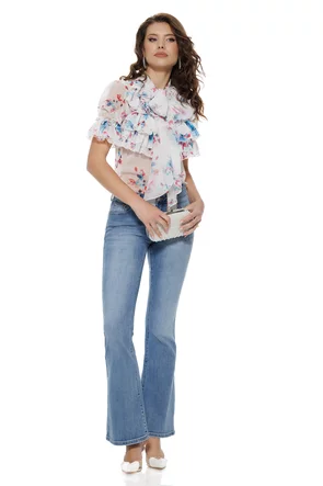 Bluza dama Fofy diafana premium din voal imprimeu floral rosu cu albastru si jabou elaborat