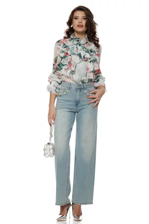 Bluza dama diafana premium din voal imprimeu floral verde cu jabou elaborat esarfe si trandafiri