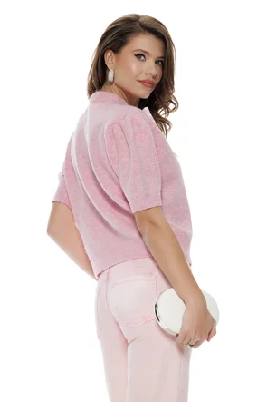 Bluza dama din tricot premium roz stil jacheta cu funda din bumbac in dungi