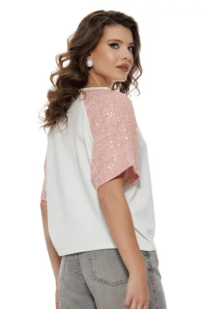 Bluza dama din vascoza cu maneci de tweed roz cu paiete