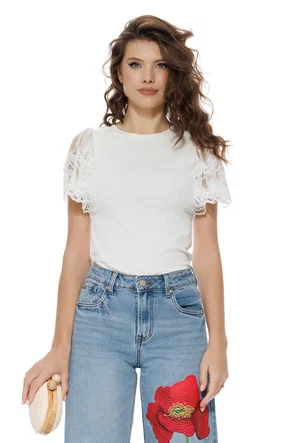 Bluza dama eleganta alba din bumbac cu maneci din dantela premium 