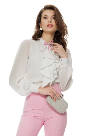 Bluză dama eleganta alba Fofy cu jabou elaborat si funda detasabila roz