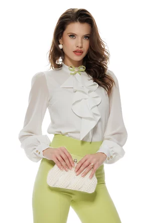 Bluză dama eleganta alba Fofy cu jabou elaborat si funda detasabila verde lime