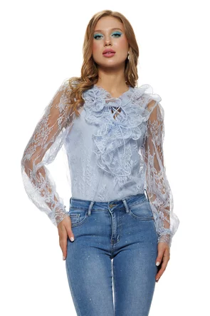 Bluza dama eleganta baby blue din dantela premium cu jabou si maiou