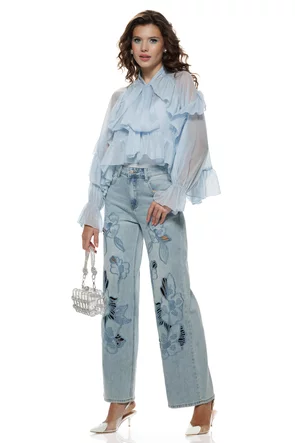 Bluza dama eleganta baby blue din organza premium cu volane funda si maiou