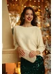 Bluza dama eleganta cu maneca fluture din tricot crem cu fir de lurex si fundita satinata