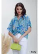 Bluza dama eleganta cu maneca scurta din voal fin imprimat in tonuri de albastru cu nod in talie