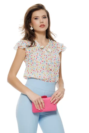 Bluză  Fofy dama eleganta de vara din voal alb cu imprimeu multicolor