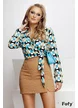 Bluza dama eleganta decoltata din vascoza cu buzunare si imprimeu grafic turcoaz