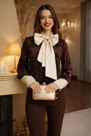 Bluza dama eleganta din catifea cu paiete maro