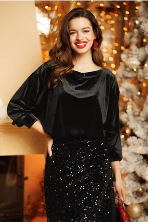 Bluză dama eleganta din catifea elastica neagra maneca fluture croi lejer