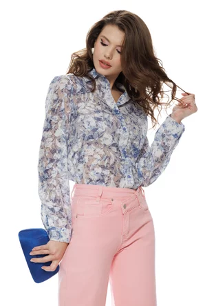 Bluza dama eleganta din jaquard de organza imprimeu floral albastru