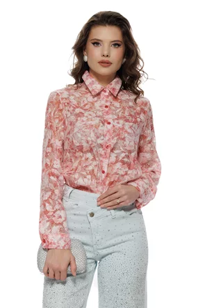 Bluza dama eleganta din jaquard de organza imprimeu floral roz