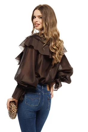 Bluza dama eleganta din matase de tencel maro cu jabou amplu si fundita