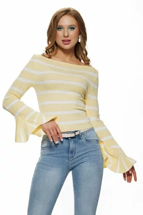 Bluza dama eleganta din tricot cu dungi galben premium cu maneca clopotel plisat