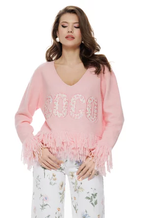 Bluza dama eleganta din tricot premium roz cu broderie cu floricele si franjuri