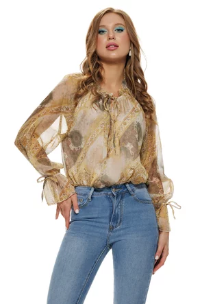 Bluza dama eleganta din voal matasos galben cu volane si imprimeu paisley