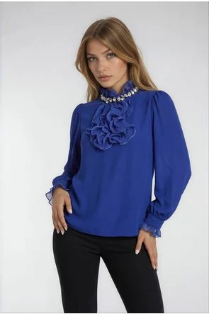 Bluză dama eleganta Fofy albastru royal din voal  jabou conturat cu lurex argintiu si strasuri la gat