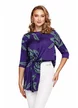 Bluza dama eleganta Fofy si satin premium albastru cu fronseuri asimetrice si imprimeu frunze stilizate