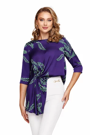 Bluza dama eleganta Fofy si saten premium albastru cu fronseuri asimetrice si imprimeu frunze stilizate
