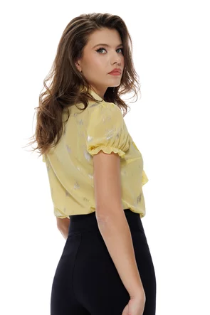 Bluza dama eleganta galbena cu imprimeu argintiu Fofy cu jabou detasabil  si maneca scurta