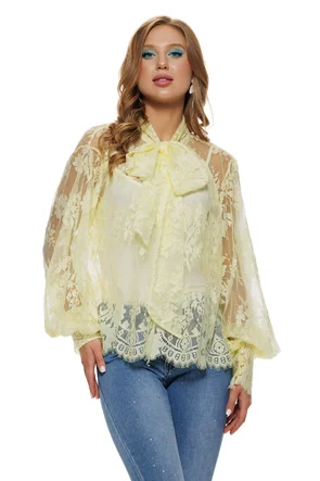Bluza dama eleganta galbena din dantela premium de bumbac cu mansete late esarfa si terminatii ondulate