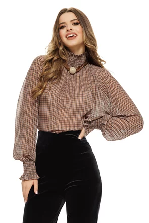 Bluza dama eleganta in carouri fine cu guler si mansete  incretite