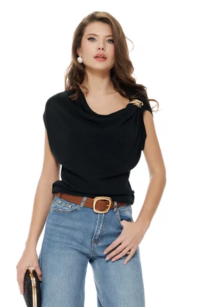 Bluza dama eleganta neagra premium cu guler fald si accesoriu metalic detasabil