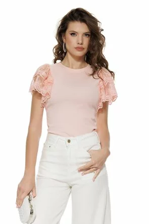 Bluza dama eleganta roz din bumbac cu maneci din dantela premium