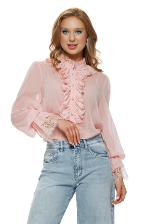 Bluza dama eleganta roz premium cu jabou si volane din dantela