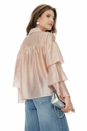 Bluza dama eleganta roz premium din matase acetat cu guler si maneci cu volane suprapuse