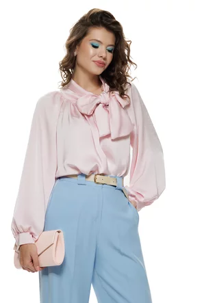 Bluza dama eleganta satinata roz cu guler retro si funda