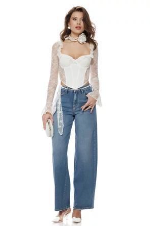 Bluza dama eleganta stil corset din dantela alba elastica premium cu volane la maneci