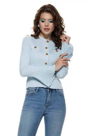 Bluza dama eleganta stil jacheta din tricot baby blue  premium cu maneca clopotel plisat