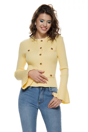 Bluza dama eleganta stil jacheta din tricot galben pai premium cu maneca clopotel plisat
