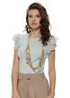 Bluza dama eleganta turcoaz pudrat din bumbac cu maneci din dantela brodate si tul