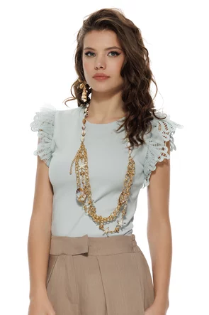Bluza dama eleganta turcoaz pudrat din bumbac cu maneci din dantela brodate si tul