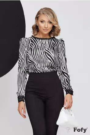 Bluză dama Fofy elegantă imprimeu zebra cu masete din dantela colier inclus