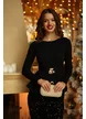 Bluza dama neagra din tricot premium cu peplum si accesoriu auriu spectaculos