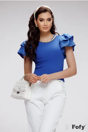 Bluza dama premium albastra cu volane la maneci si colier din perle